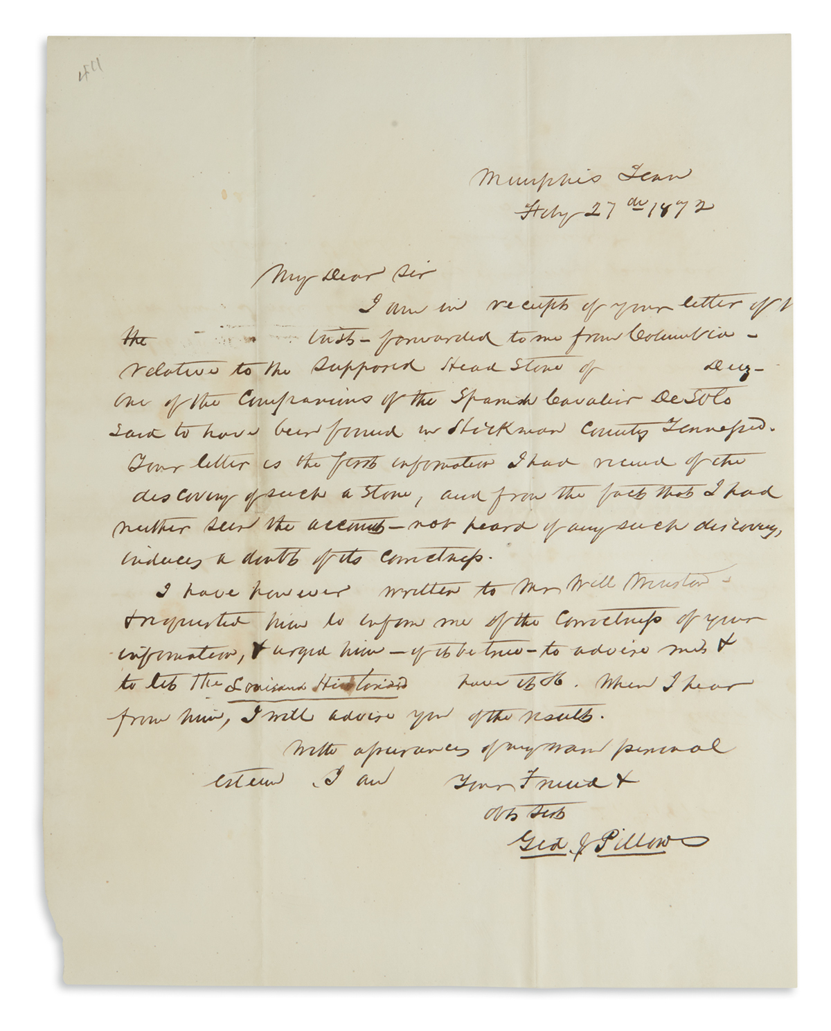 GIDEON JOHNSON PILLOW. Autograph Letter Signed, Gid. J. Pillow, to Edward G.W. Butler, acknowledging receipt o...